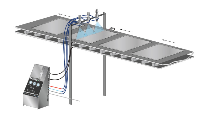 sheet pans on conveyor with autojet modular spray system